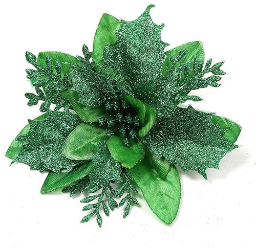 YYCRAFT Lot de 12 poinsettia artificielles en soie scintillante pour sapin de Noël, décorations de Noël (vert, 15,2 cm)