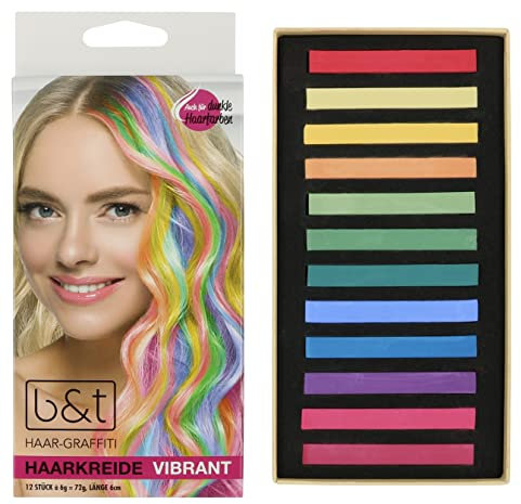 B&T Haarkreide Set Vibrant 12 Farben - einfach anzuwenden - auswaschbar - temporäre Haarfarbe - auch für dunkle Haarfarben - als Geschenk Halloween Fasching Geburtstag Weihnachten