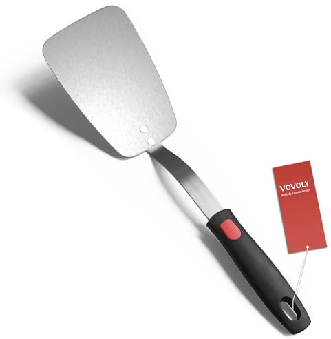 VOVOLY Stainless Steel Flexible Spatula Turner, Thin Metal Spatula for Cast Iron Skillet, Thin Blade and Heat Resistant Silicone Handle, Great for Egg, Cookie, Meat, Crep, Large