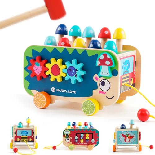 Forroby Holz Montessori Spielzeug,Mädchen Junge Xylophon Hammerspiel Kinder mit 1 Schlägeln,Uhr, Zahnrädern, Zahlenlabyrinth und Zugseil,Motorikspielzeug ab 1 Jahr für Jungen und Mädchen