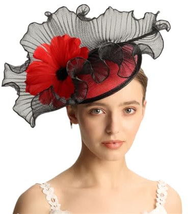 Niiyyjj Schwarz Weiß Derby Hut Blau Fascinators für Frauen Hut Fascinator Hüte Frauen Hochzeit und Kirche, rot, Einheitsgröße