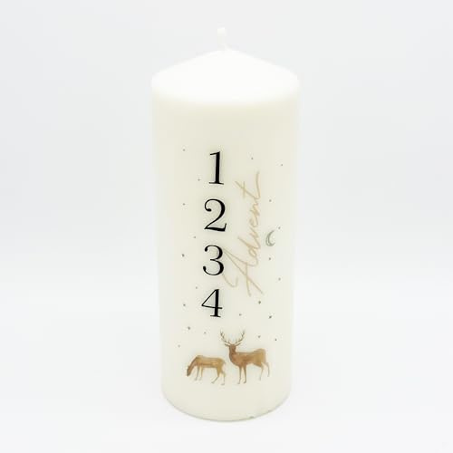 Adventskerze mit winterlichen Motiv Stumpenkerze Spruch Advent mit 1-4 Zahlenmotiv Weihnachtsdeko (Hirsche)
