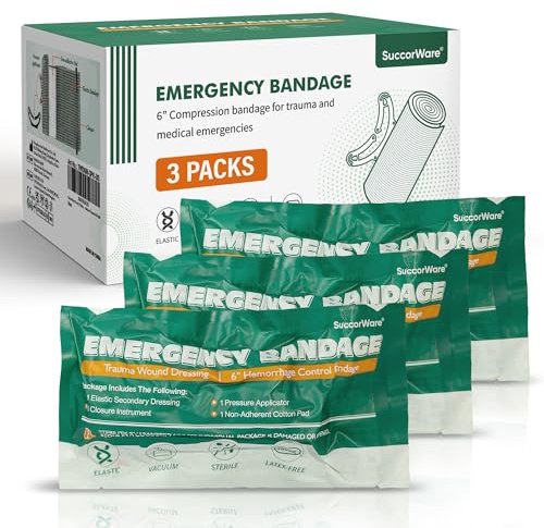 SuccorWare 6 Inch 3 Packs Israeli Bandage - Emergency Bandage with Vacuum Sterile Package - for Wound Dressing, First Aid Kit, Medical Trauma Kit Refill