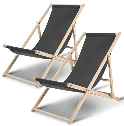 Ansobea 2er Set Liegestuhl klappbar Holz,Gartenliege Klappbar 120kg max,Verstellbar Liegestuhl Garten wetterfest Sonnenliege Holz Relaxliege Garten für Camping Balkon Pool,Grau