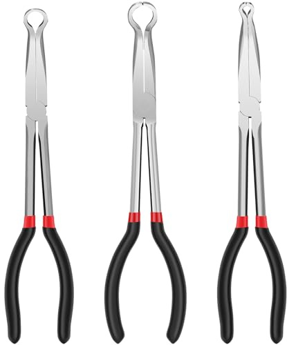 3Pcs 11inch Long Reach Hose Clamp Pliers, Carbon Steel Spark Plug Removal Pliers, Automotive Electrical Disconnect Plier, 6mm 13mm 18mm Diameter Radiator Hose Grip Plier for Narrow Space Car