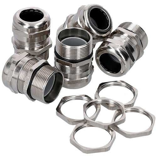 Lot de 5 presse-étoupes Kalitec PG7 en laiton - 2,5-6,5 mm - Zone de serrage - Contre-écrou PG7 en laiton - Filetage long - Passe-câble étanche au gaz et à l'eau
