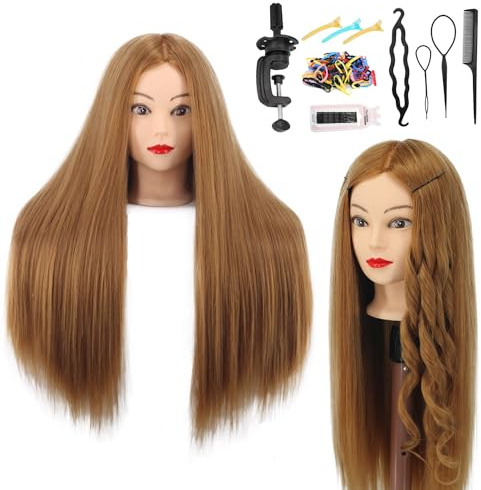 Testa di manichino con capelli umani, 80% capelli veri, 66-71 cm, per cosmetologia, testa per parrucchieri, per la pratica di acconciature, con morsetto e strumenti (#27 Marrone chiaro)