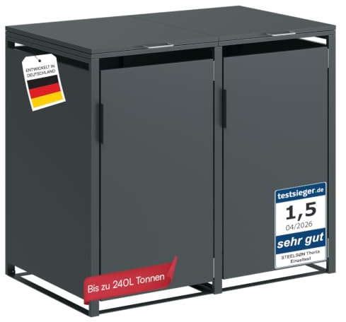 STEELSØN Thoria Mülltonnenbox 2er bis 240 L,Müllbox aus Stahl, Anthrazit | Müllcontainer für 2 Tonnen, hochwertige Mülltonnenverkleidung wetterfest & UV-beständig, Müllbox/ Gerätebox für Outdoor