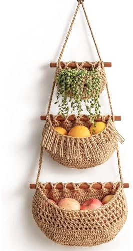 Sonhomay Corbeille à fruits suspendue 3 niveaux, corde de jute tissée, rangement mural pour cuisine, chambre à coucher, salle de bain