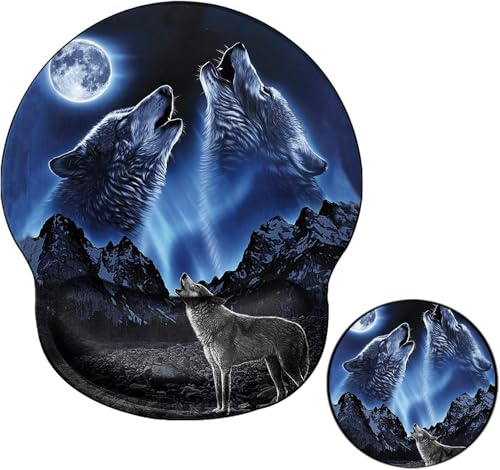 Tapis de souris ergonomique avec support de poignet - Motif loup bleu - Repose-poignet - Tapis de souris en gel pour le canal carpien - Soulage la douleur - Tapis de souris avec dessous de verre -