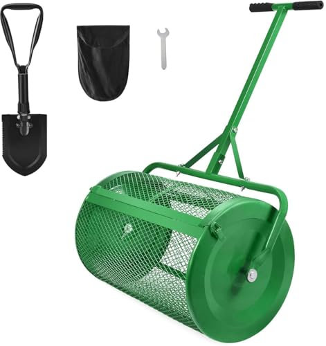 Épandeur de compost de 24 pouces avec pelle, épandeur de mousse de tourbe durable avec poignée en forme de T et loquets latéraux, épandeur de maille métallique léger, rouleau d'épandage de fumier