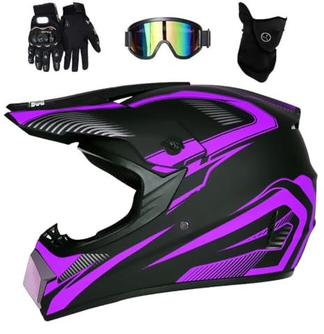 Unisex Extreme Sports Motocross Helmet, with Goggles Gloves Mask, Youth Kid Full Face Off Road Street Motorbike Helmet, Downhill Enduro BMX MTB ATV Quad Dirt Bike Crash Helmet(Purple,S/52-53CM)