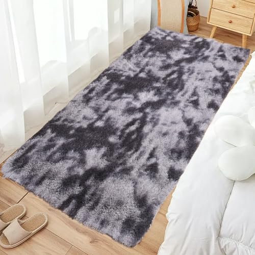 STGAO Hochflor Teppich 135 x 60 cm Anti-Rutsch Unterseite Plüsch Teppich Felloptik für Das Schlafzimmer/Wohnzimmer/Kinderzimmer, Dunkelgrau