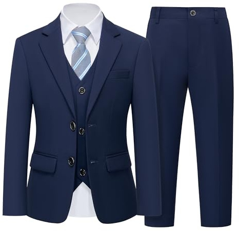 YND Formelle schmale Passform, 5-teilige Anzüge für Kinder, Jacke, Weste, Hose, Hemd und Krawatte für Hochzeit, Abschlussball, Dunkelblau, 152