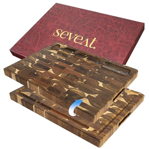 Seveat Schneidebrett aus Hirnholz - Doppelseitiger Metzgerblock aus Akazienholz für die Küche mit Saftrille & 3 Taschen, langlebiges Schneidebrett aus Holz, Schneidebretter für Küche &