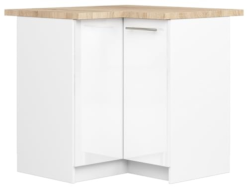 AKORD | Eck-Küchenschrank mit Arbeitsplatte - Oliwia S90 | Küchenunterschrank mit 2 Türen und 2 Einlegeböden | Unterschrank Küche 90 cm Breit | ABS-Kante 18 mm | 46 x 90 x 85 cm | Weiß & Weiß glänzend