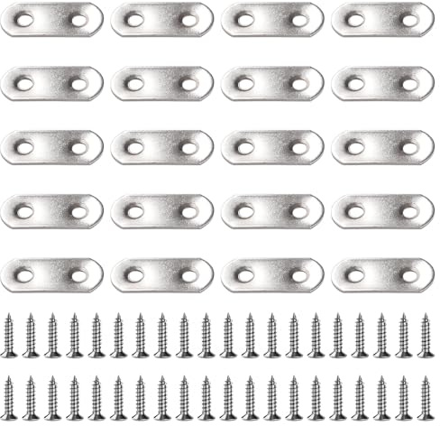 VooGenzek 20 Piezas 36x16x2 mm Soportes de Esquina Planos, Soportes Rectos Planos de Acero Inoxidable, Soportes Rectos de Placa Plana, con 40 Piezas Tornillos, para Reparación de Muebles de Madera
