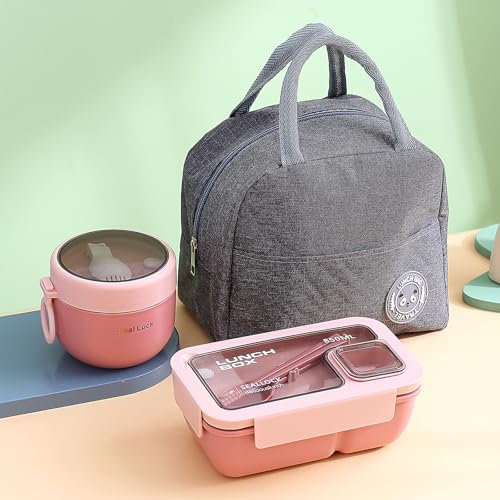 Esilihom Lunchbox Erwachsene, Auslaufsicher Bento Box Set mit Lunch-Tasche, Utensilien, Haferbehälter, für Männer, Frauen, Studenten, Büro, Schule, Lebensmittelaufbewahrung mit Gabel & Löffel, Rosa