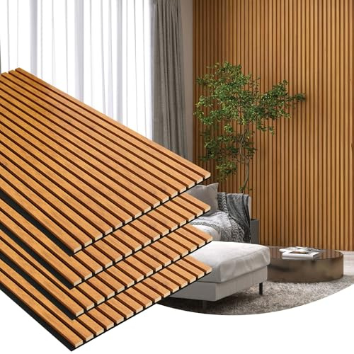 Gaahing 4 Pack Wood Finish Accent Wall Panels, 3D Slat Acoustic Paneling for Recording Studio, Office, Living Room Interior Decoration (Natural Walnut, 48L x 24W)