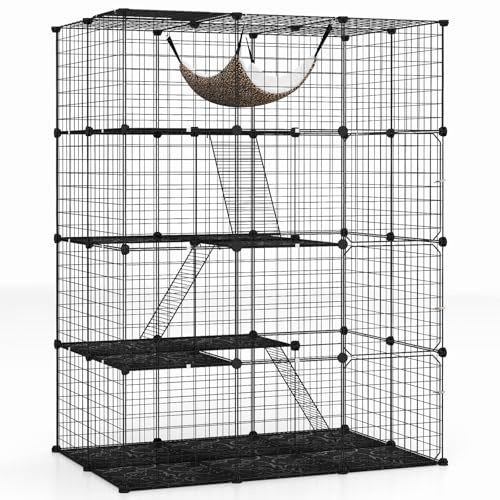 COSTWAY Grand Cage Chat à 4 Niveaux, Enclos pour Chats en Fil Métallique Amovible, Hamac, 3 Echelles, 4 Portes, 1 Fenêtre, Parc Interieur Exterieur pour Petit Animaux, 109,5 x 74,5 x 143 cm