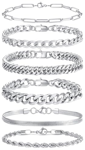 AWARDSEN 6 Pcs Mens Bracelets, Stainless Steel Bracelet for Men, Silver/Gold/Black Cuban Chain Bracelet Mens Jewellery Fashion Accessories Gift for Fathers Day Boyfriends Husband 7.5 8.3 9