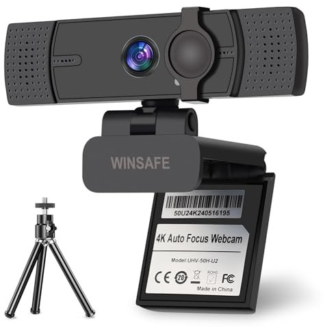 WINSAFE 4K Webcam for PC, 4K UHD Video Calling, PDAF AutoFocus, Dual Noise-Canceling Microphones, 70° FOV, 1080P@60FPS, Privacy Cover, USB Plug&Play, Works with Teams, Zoom, OBS, Skype, Google Meet