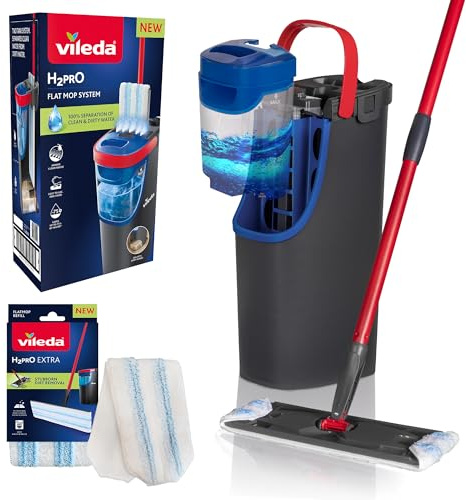 Vileda H2PrO Flat Mop And Bucket Set With 1 Additional Mop Head Refill, 100% Separation of Clean and Dirty Water with Two Tank System, Effortless Wringing, Compact Storage Design, Easy Assemble