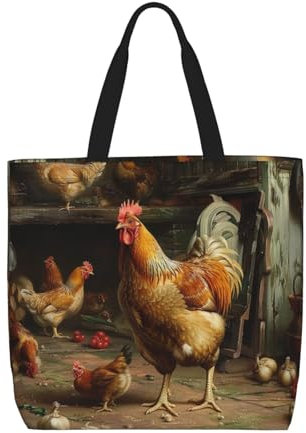 YKLJG Borsa per la spesa riutilizzabile stampata con fragole con cerniera - Borsa a tracolla impermeabile di grande capacità, Arrosto pollo gallina fattoria, Taglia unica