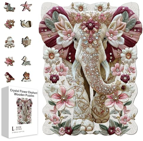 GLOBLELAND Holzpuzzle Erwachsene 300 Teile Holzpuzzles Kristallblume Elefant Wooden Puzzle Unregelmäßige Einzigartige Puzzle für Erwachsene 14.6x11.22 Zoll