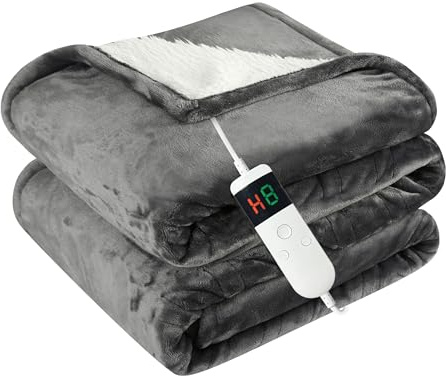 Cushious Heated Electric Blanket Throw 130x160cm, 10 Settings Heating,1-8h Timer Auto-Off, Overheat Protection, Machine Washable, Flannel and Sherpa Heated Blanket for Sofa Bed, Office