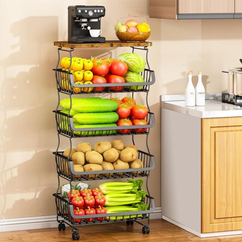 Casavibe Cesta de Frutas y Verduras para Cocina de 5 Niveles(Tabla de Madera), Organizador de Almacenamiento de Alambre Apilable para Estantes de Cocina, Estante para Aperitivos, Cesta de Frutas