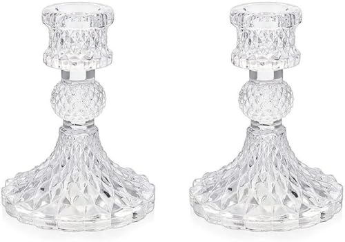MAGICVOGEL 2er Set Kerzenständer Transparent Glas Kerzenhalter Stabkerzen Spitzkerze Halter Kristallglas Partydekorationen Tischdekoration für Hochzeit Valentinstag Weihnachten Kirche (Diamant-Stil)
