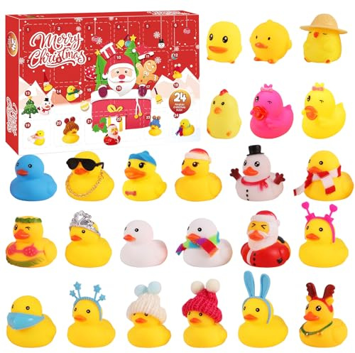 Alaiyaky Enten Adventskalender 2025, 24 Tägiger Weihnachtscountdown Quietscheente Weihnachten Gummienten Adventskalender 2025 mit 24 Niedlich Enten, Badeente Weihnachten Advent Kalender für Familie