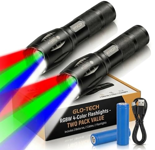 HYVCZP 2Pcs Multi-Color 4 in 1 LED Torch, Super Bright Adjustable Red Green Blue White Focus Flashlight,Rechargeable 4 Lighting Modes Waterproof Pocket Torch for Fishing,Camping, Hiking