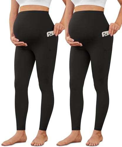 BAYDI Creamlush Dam, mammaleggings med ficka, hög midja, gravidleggings, mjuka, elastiska, mammamode, hemma, yoga, 2-pack - svart/svart, M