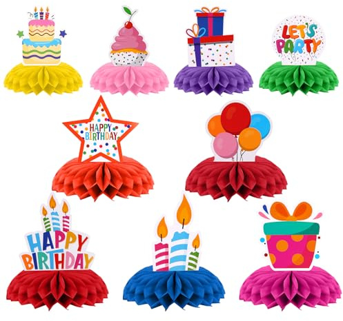 OSDUE Birthday Table Decorations, 9pcs Colorful Honeycomb Centerpiece Table Decoration for Boys Girls, Happy Birthday Party Decor Supplies