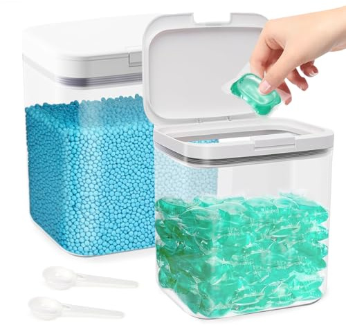 Mannicix 2 Stück Behälter für Waschmittel, Waschmittelbox mit Löffel | Aufbewahrungsbox für Waschpulver, Aufbewahrung für Waschmittel, 2L Waschmittelbehälter für Waschkapseln, Badekugeln