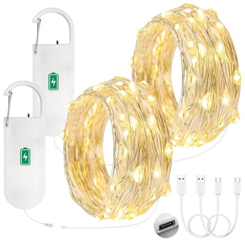 Bigzom Lichterkette Batterie Wiederaufladbar, Warmweiß, 2 Stück | 2x50 LEDs, 5M, mit USB-Ladekabel, Innen, für Party Hochzeit Weihnachten Deko