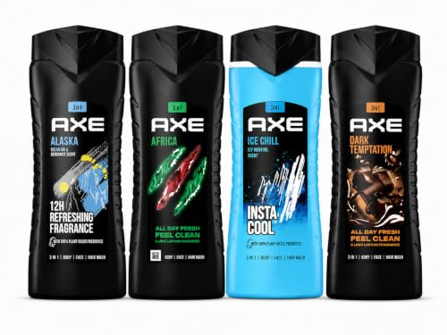 A-X-E Pack Gel Baño hombre XL (4 x 400 ml) 3en1 Fragancias variadas. Dark Templation, Ice Chill, Black y Recharge Sport. Para: Cara Cuerpo y cabello.