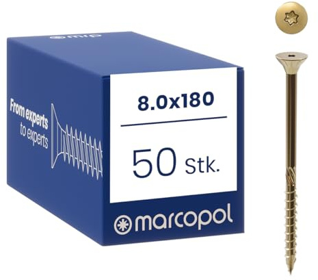 Marcopol Holzbauschrauben mit Senkkopf 8 x 180 mm 50 Stück TX40 Gelb Verzinkt - Senkkopfschrauben mit Torx Antrieb - Schrauben mit Frässpitze, Schneidkerben, Aufbohrfräse und Wachsbeschichtung