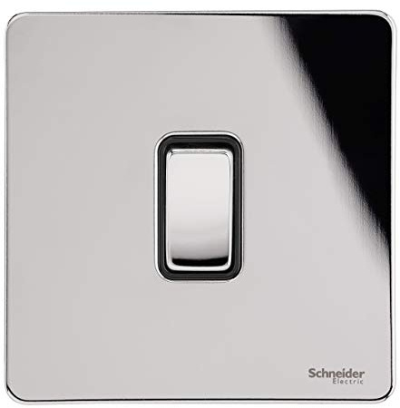 Schneider Electric Ultimate Screwless Flat Plate - Single 2 Way Light Switch, 16AX, GU1412BPC, Polished Chrome with Black Insert