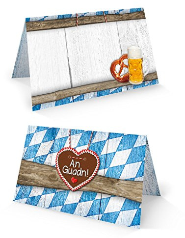Tischkarten Set, 50 Stück: Bayerische Platzkarten Blau Weiß Kariert, Bayern Deko Tisch, Holzoptik, Maßkrug & Brezel, Namenskarten Tischdeko, Hochzeit, Geburtstag, Oktoberfest, Party, 8,5 x 5,5 cm