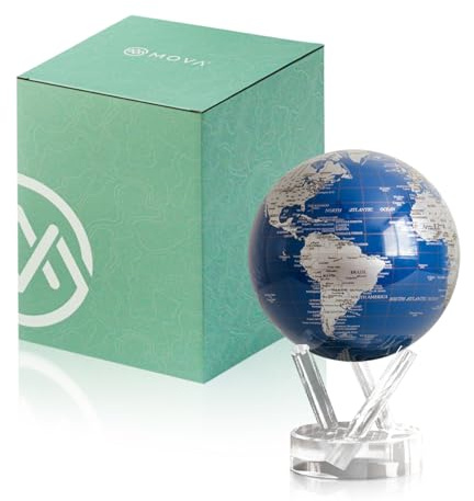 MOVA Globes Blu Reale e Argento Classico (4,5) | Mappamondo Auto-Rotante a Energia Luminosa |Silenzioso, Senza Batterie né Fili |Decorazione da Scrivania o Idea Regalo Globo Spazio