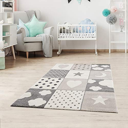 Jimri Kinderteppiche Patchwork Herz Sterne Wolke | Kinderteppich für Mädchen und Jungs | Teppich für Kinderzimmer | Schadstofffrei Kinderzimmerteppich - Grau, 120x170 cm