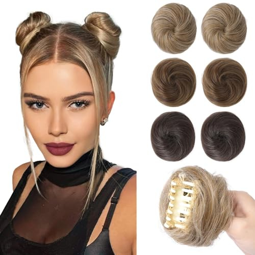REECHO Space Bun Hair Pieces, 2 PCS Mini Claw Clip in Messy & Cat Ears Fake Hair Bun Extensions Wig Accessory Updo Hairpieces for Women Girls (Pack of 2-3 Straight, Dark Blonde)