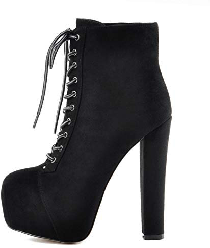 Only maker Damen Schnürstiefeletten Plateau Blockabsatz Ankle Boots Lace up Warm Gefüttert Flanell Schwarz 45 EU