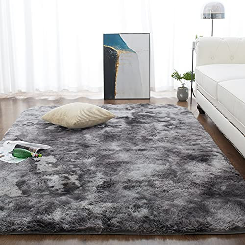 CHOSHOME Teppich Wohnzimmer Shaggy Hochflor Langflor Teppich Kinderzimmer Modern Bunte Batik Jugendzimmer Flauschig Teppiche Groß, Dunkelgrau/Schwarz 150 x 240CM