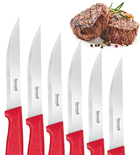 Fixwell® stekkniv, röd I mycket vass köttkniv, perfekt för matbordet och grillkött – mycket hållbar, rostfri | diskmaskinssäker och livsmedelssäker | 100 % tillverkad i Tyskland sedan 1955