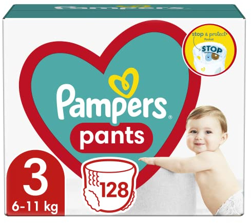 Pampers Pants Diapers Size 3 (6-11kg), 128 Pcs Diapers with Pouch Stop & Protect Anti Leaking Back