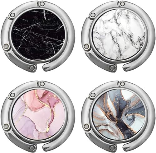 Handbag Hook, FOME Set of 4 Foldable Purse Hook Bag Hanger Holder Folding Purse Holder Handbag Holder for Purse Marble White Black, (SH04632YTKJ-FBA016)